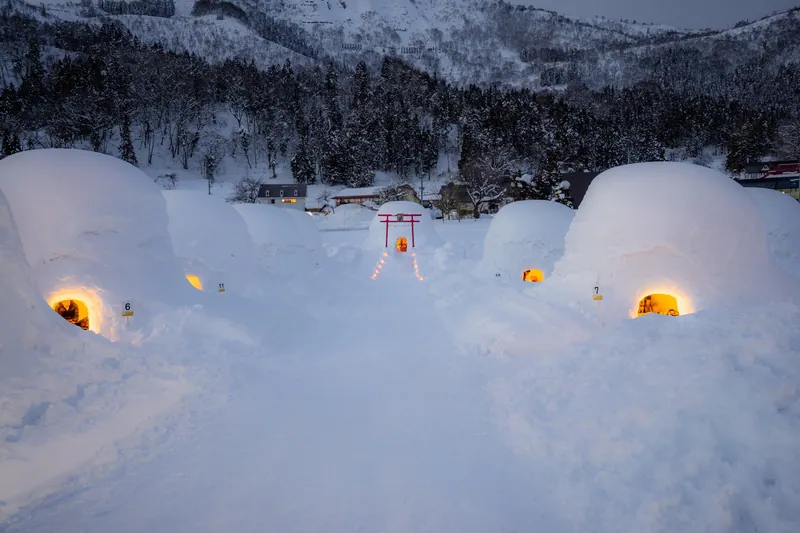 Multiple illuminated igloos with warm pathway lights at night